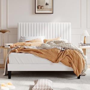 Elegant Queen Upholstered Velvet Bed Frame in White
