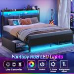 Full Size Bed Frame with Charging Station and LED