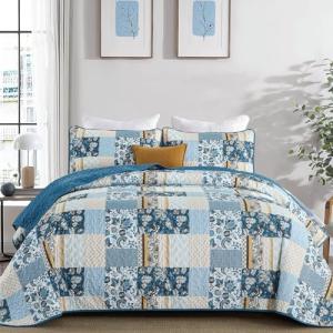 Blue Patchwork Quilt Set for Queen Beds, 3 Pieces