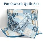Blue Patchwork Quilt Set for Queen Beds, 3 Pieces