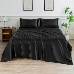 LIFCOM Queen Satin Sheet Set, 4 Pieces, Black