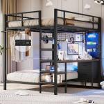 DICTAC Full Size Over Twin Bunk Bed with Desk and Charging Station Metal Full Over Twin Loft Bed with Led Lights & Storage Shelves and Drawers for Teen,Safety Guard & Ladder,No Box Spring Needed,Black
