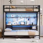 DICTAC Full Size Over Twin Bunk Bed with Desk and Charging Station Metal Full Over Twin Loft Bed with Led Lights & Storage Shelves and Drawers for Teen,Safety Guard & Ladder,No Box Spring Needed,Black