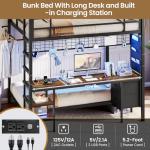 DICTAC Full Size Over Twin Bunk Bed with Desk and Charging Station Metal Full Over Twin Loft Bed with Led Lights & Storage Shelves and Drawers for Teen,Safety Guard & Ladder,No Box Spring Needed,Black