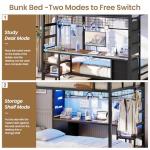 DICTAC Full Size Over Twin Bunk Bed with Desk and Charging Station Metal Full Over Twin Loft Bed with Led Lights & Storage Shelves and Drawers for Teen,Safety Guard & Ladder,No Box Spring Needed,Black