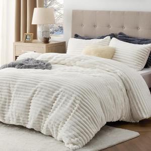Bedsure Fluffy Duvet Cover Set - Ultra Soft Plush Shaggy Comforter Cover Queen Size, Warm Flannel Fleece Bed Sets for Winter, 3 Pieces (Striped Pattern, Coconut White)