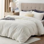 Bedsure Fluffy Duvet Cover Set - Ultra Soft Plush Shaggy Comforter Cover Queen Size, Warm Flannel Fleece Bed Sets for Winter, 3 Pieces (Striped Pattern, Coconut White)