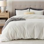 Bedsure Fluffy Duvet Cover Set - Ultra Soft Plush Shaggy Comforter Cover Queen Size, Warm Flannel Fleece Bed Sets for Winter, 3 Pieces (Striped Pattern, Coconut White)