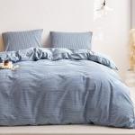 Wake In Cloud - Striped Cotton Duvet Cover Set, 100% Washed Cotton Textured Percale Bedding Set, Ticking Stripe Pinstripe Farmhouse, 3 Pieces, Denim Blue, Queen Size
