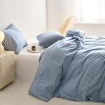 Wake In Cloud - Striped Cotton Duvet Cover Set, 100% Washed Cotton Textured Percale Bedding Set, Ticking Stripe Pinstripe Farmhouse, 3 Pieces, Denim Blue, Queen Size