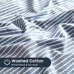 Wake In Cloud - Striped Cotton Duvet Cover Set, 100% Washed Cotton Textured Percale Bedding Set, Ticking Stripe Pinstripe Farmhouse, 3 Pieces, Denim Blue, Queen Size