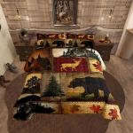 Rustic Farmhouse Bedding Comforter Sets Queen Size, Retro Cabin Lodge Bedding Sets, Hunting Bear Deer Comforter Set, Country Maple Leaves Duvet Insert, Rustic Woodland Pine Tree Quilt, Red Brown