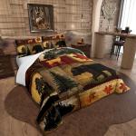 Rustic Farmhouse Bedding Comforter Sets Queen Size, Retro Cabin Lodge Bedding Sets, Hunting Bear Deer Comforter Set, Country Maple Leaves Duvet Insert, Rustic Woodland Pine Tree Quilt, Red Brown