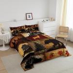 Rustic Farmhouse Bedding Comforter Sets Queen Size, Retro Cabin Lodge Bedding Sets, Hunting Bear Deer Comforter Set, Country Maple Leaves Duvet Insert, Rustic Woodland Pine Tree Quilt, Red Brown