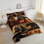 Rustic Farmhouse Bedding Comforter Sets Queen Size, Retro Cabin Lodge Bedding Sets, Hunting Bear Deer Comforter Set, Country Maple Leaves Duvet Insert, Rustic Woodland Pine Tree Quilt, Red Brown