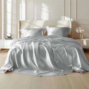 Bedsure Satin Sheets King Size Bed Set - Luxury Silky Bed Sheet Set, Ultra Soft & Wrinkle Free, Good for Hair & Skin, 15 Inches Deep Pocket for Mattress, 4-Piece (King, Silver Grey)