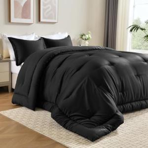 Cosmoluxe Queen Comforter Set, Satin Comforter Sets for All Season, 3 Pieces Reversible Lightweight and Breathable Bedding Sets with 1 Silky Comforter and 2 Pillow Shams (Black)