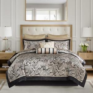 Madison Park Aubrey Cozy Comforter Set, Faux Silk Jacquard Paisley Design - All Season Down Alternative Bedding with Cotton Bed Sheets, Bed Skirt & Toss Pillows, Queen Black 12 Piece