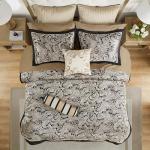 Madison Park Aubrey Cozy Comforter Set, Faux Silk Jacquard Paisley Design - All Season Down Alternative Bedding with Cotton Bed Sheets, Bed Skirt & Toss Pillows, Queen Black 12 Piece