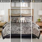 Madison Park Aubrey Cozy Comforter Set, Faux Silk Jacquard Paisley Design - All Season Down Alternative Bedding with Cotton Bed Sheets, Bed Skirt & Toss Pillows, Queen Black 12 Piece