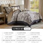 Madison Park Aubrey Cozy Comforter Set, Faux Silk Jacquard Paisley Design - All Season Down Alternative Bedding with Cotton Bed Sheets, Bed Skirt & Toss Pillows, Queen Black 12 Piece