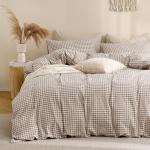 TOCOMOA Tan Gingham Duvet Cover Bedding Set 100% Washed Cotton Like Linen Feel Super Soft Comfy 3 Piece Brown Vintage Plaid Checkered Fall Comforter Cover Set (Queen 90"x90", Comforter Not Included)