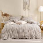 TOCOMOA Tan Gingham Duvet Cover Bedding Set 100% Washed Cotton Like Linen Feel Super Soft Comfy 3 Piece Brown Vintage Plaid Checkered Fall Comforter Cover Set (Queen 90"x90", Comforter Not Included)
