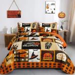 Luxudecor Halloween Quilt Set Queen Orange Cartoon Patchwork Bedspread Pumpkin Skull Witch Hat Bat Cobweb Festival Themed Bedding Set Reversible Soft Microfiber Bed Cover for Autumn (3pcs, 96"x90")