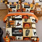 Luxudecor Halloween Quilt Set Queen Orange Cartoon Patchwork Bedspread Pumpkin Skull Witch Hat Bat Cobweb Festival Themed Bedding Set Reversible Soft Microfiber Bed Cover for Autumn (3pcs, 96"x90")