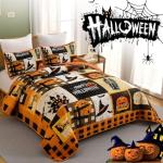 Luxudecor Halloween Quilt Set Queen Orange Cartoon Patchwork Bedspread Pumpkin Skull Witch Hat Bat Cobweb Festival Themed Bedding Set Reversible Soft Microfiber Bed Cover for Autumn (3pcs, 96"x90")