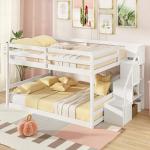 Giantex Full Over Full Bunk Bed with Stairs, Solid Wood Floor Bunk Bed with Storage Staircase & Full-Length Guardrails, Low Bunk Bed with for Kids, Teens, Adults, Dorm, Small Space, White
