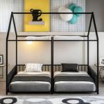 PVWIIK Double Montessori Floor Bed with Fence & Roof for Two Kids Teens Boys Girls,Twin Floor Bed,Easy Assemble,No Box Spring Needed, Black