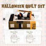 Luxudecor Halloween Quilt Set Queen Orange Cartoon Patchwork Bedspread Pumpkin Skull Witch Hat Bat Cobweb Festival Themed Bedding Set Reversible Soft Microfiber Bed Cover for Autumn (3pcs, 96"x90")