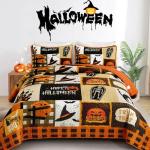 Luxudecor Halloween Quilt Set Queen Orange Cartoon Patchwork Bedspread Pumpkin Skull Witch Hat Bat Cobweb Festival Themed Bedding Set Reversible Soft Microfiber Bed Cover for Autumn (3pcs, 96"x90")