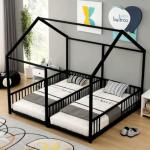 PVWIIK Double Montessori Floor Bed with Fence & Roof for Two Kids Teens Boys Girls,Twin Floor Bed,Easy Assemble,No Box Spring Needed, Black