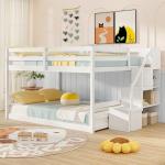 Giantex Full Over Full Bunk Bed with Stairs, Solid Wood Floor Bunk Bed with Storage Staircase & Full-Length Guardrails, Low Bunk Bed with for Kids, Teens, Adults, Dorm, Small Space, White