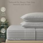 Threadmill 500 Thread Count Queen Size Damask Stripe, 4 Pc Luxury Cotton Bedding Set, Breathable Light Grey Sheets with 16" Elasticized Deep Pocket, 2 Pillowcases & Free Tote Bag