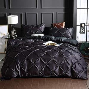 Erosebridal Pinch Pleated Duvet Cover Set Black Full Size Silk Like Satin Pintuck Bedding Set with Zipper Ruffle Design Luxury & Microfiber Comforter Cover Pintuck Decorative Bedspread Cover