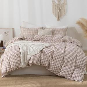 YHJWW Tan Gingham Duvet Cover Bedding Set Prewashed Extra Soft Comfy Breathable 3 Piece Brown Plaid Checkered Grid Fall Comforter Cover Set Cute Aesthetic (Queen 90"x90", No Comforter)