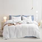 Wake In Cloud - Striped Cotton Duvet Cover Set, Ticking Stripe Vertical Pinstripe Farmhouse, 100% Washed Cotton Textured Percale Bedding Set, 3 Pieces, Blue White, Queen Size
