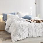 Wake In Cloud - Striped Cotton Duvet Cover Set, Ticking Stripe Vertical Pinstripe Farmhouse, 100% Washed Cotton Textured Percale Bedding Set, 3 Pieces, Blue White, Queen Size