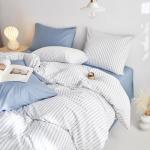 Wake In Cloud - Striped Cotton Duvet Cover Set, Ticking Stripe Vertical Pinstripe Farmhouse, 100% Washed Cotton Textured Percale Bedding Set, 3 Pieces, Blue White, Queen Size