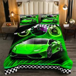 Feelyou Green Racing Car Bedding Set for Kids Boys Girls Full Size Extreme Sports Comforter Set Teen Adult Ultra Soft Speed Sports Car Comforter Cool Car Duvet Quilt Bedroom Decor Race Car Quilt