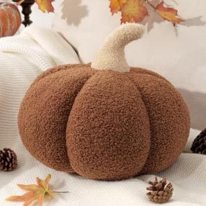 Phantoscope Teddy Fleece Pumpkin Throw Pillows, Halloween Happy Halloween Sherpa Fall Decorative Pumpkin Shaped Pillow Cute 3D Shaped Cushion, Brown, 10 x 14 inches