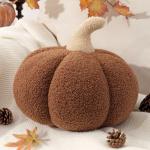 Phantoscope Teddy Fleece Pumpkin Throw Pillows, Halloween Happy Halloween Sherpa Fall Decorative Pumpkin Shaped Pillow Cute 3D Shaped Cushion, Brown, 10 x 14 inches
