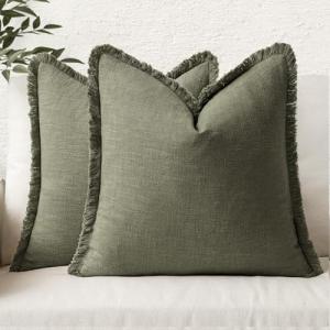MIULEE Decorative Throw Pillow Covers Neutral Linen Fringe Throw Pillows Set of 2 Olive Green Boho Farmhouse Cushion Covers with Tassels for Couch Sofa Bed Living Room Spring Home Decor 20x20 Inch