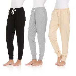 Essential Elements 3 Pack: Womens Cotton Joggers - 100% Cotton Lounge Athletic Casual Sleep Casual Pajama PJ Pants Sweatpants (Set G, Medium)