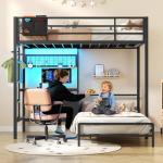 DICTAC Bunk Bed with Desk,Led Lights and Charging Station Metal L-Shaped Twin Over Twin Bunk Beds with Storage Drawers and Shelves, Loft Bed with Safety Guardrail and Ladder for Kids and Teen,Black