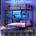 DICTAC Bunk Bed with Desk,Led Lights and Charging Station Metal L-Shaped Twin Over Twin Bunk Beds with Storage Drawers and Shelves, Loft Bed with Safety Guardrail and Ladder for Kids and Teen,Black