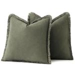 MIULEE Decorative Throw Pillow Covers Neutral Linen Fringe Throw Pillows Set of 2 Olive Green Boho Farmhouse Cushion Covers with Tassels for Couch Sofa Bed Living Room Spring Home Decor 20x20 Inch